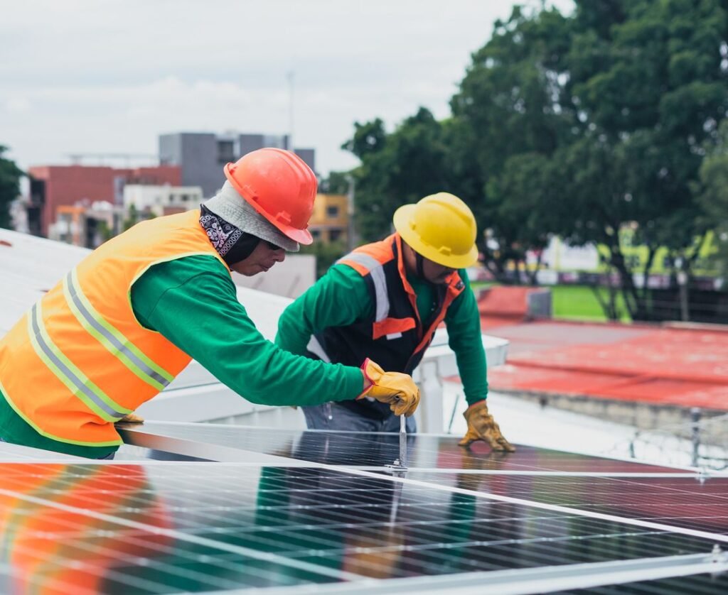 Techniciens installant des panneaux solaires